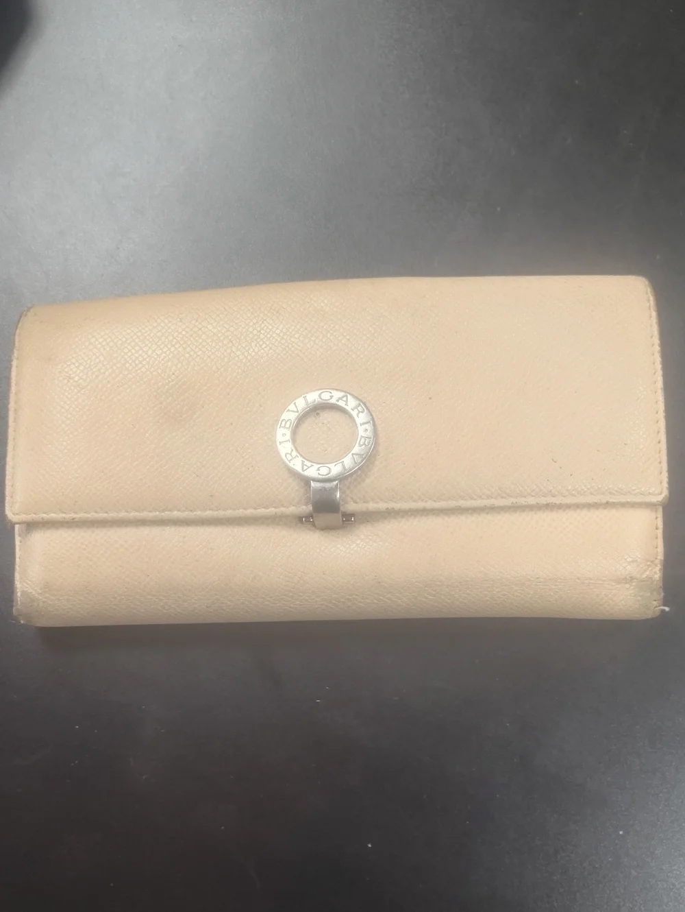 Bulgari Bvlgari Light Beige Creameather Continental Wallet with Silver Logo Ring